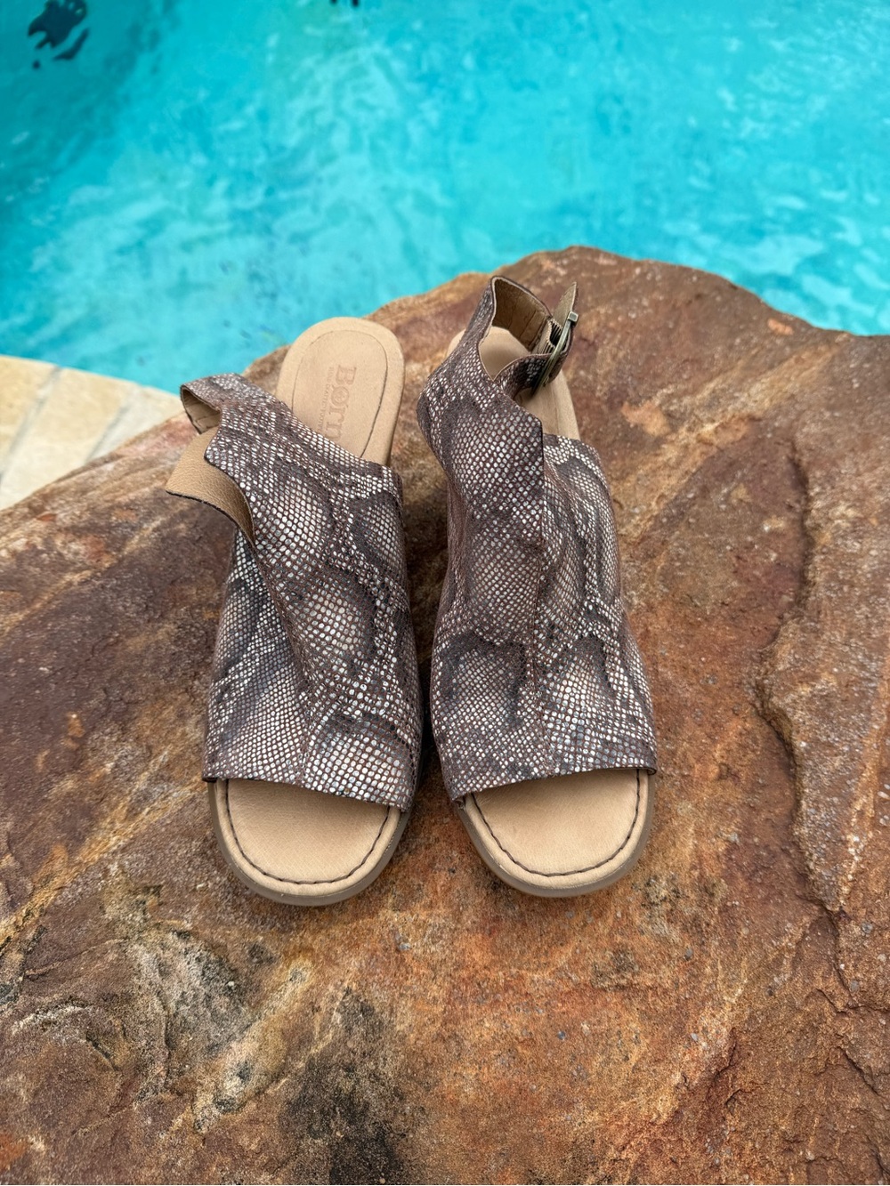 Born “Moraine” Women's Open-Toe Sandal Leather Snake Print